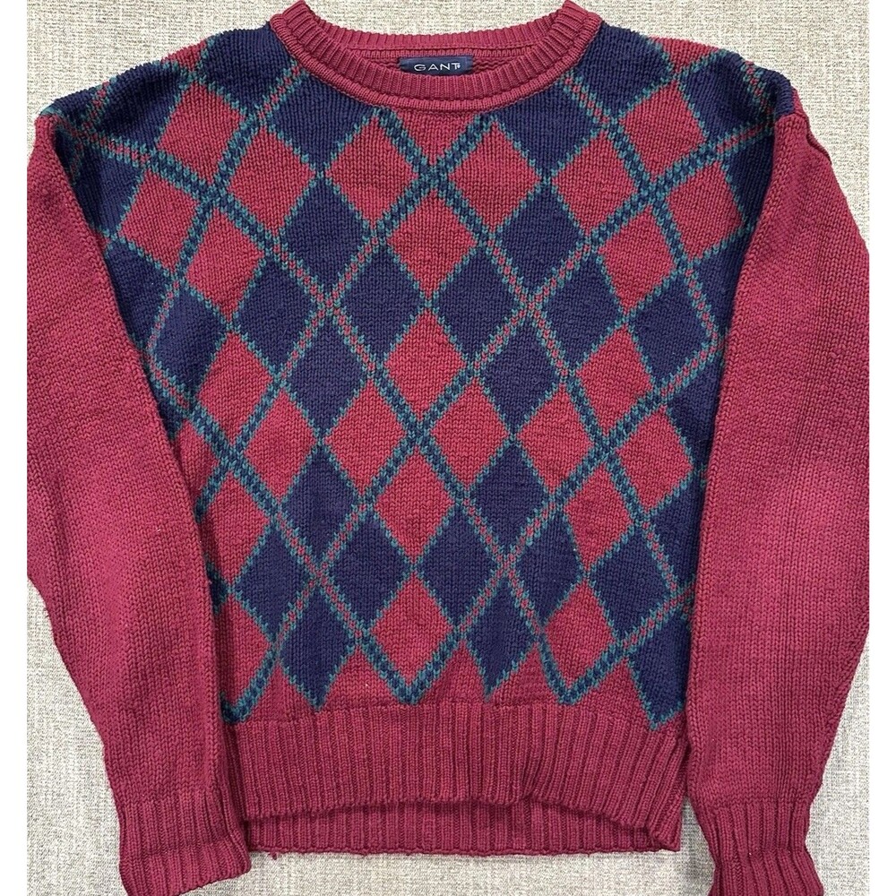 Vintage Gant Mens LARGE Hand Intarsia Argyle Chunky Knit Sweater 100% COTTON